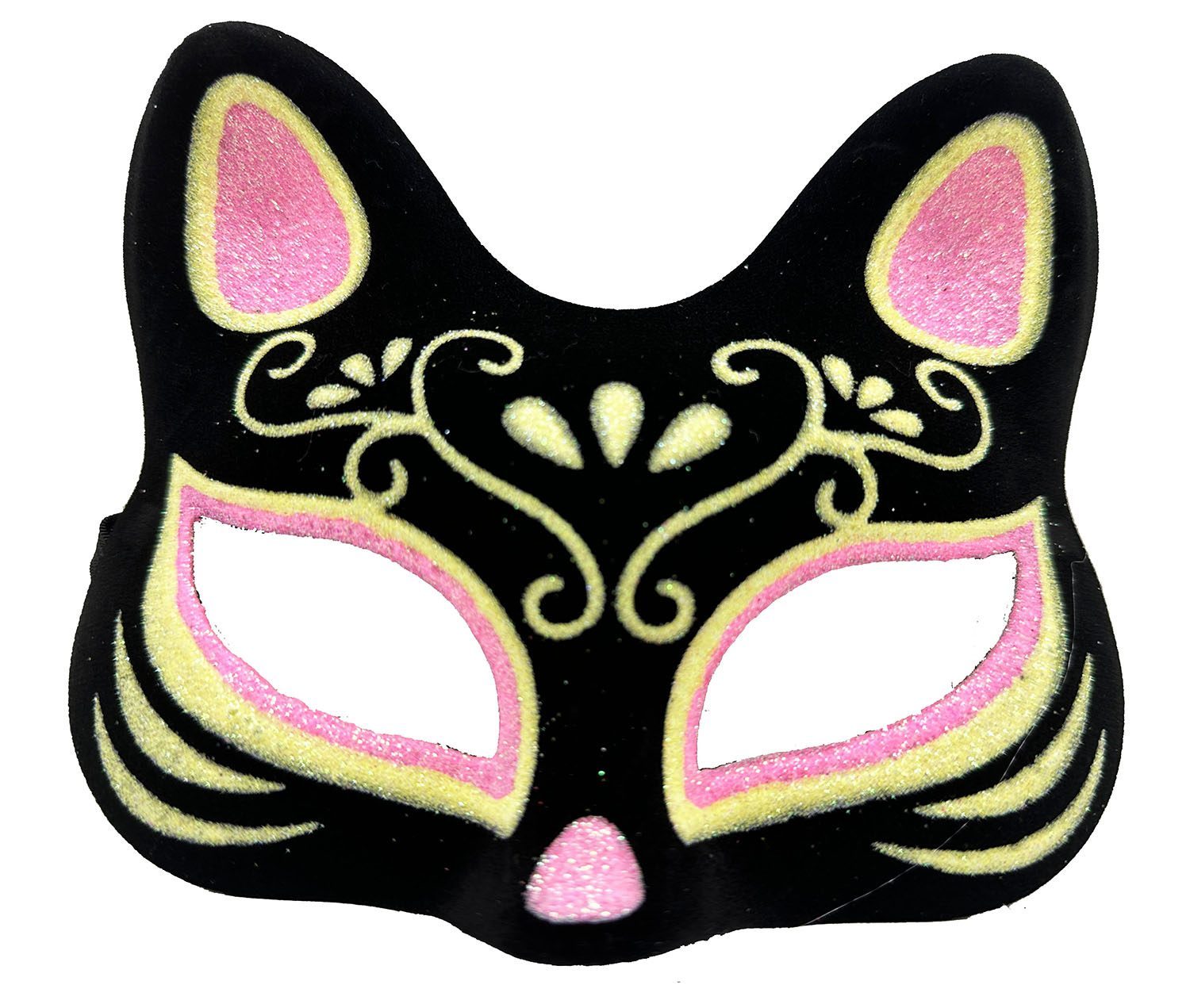 Siyah Renk Süet Kaplama Üzeri Pembe Sarı Simli Kedi Maskesi 17x14 cm (Lisinya)