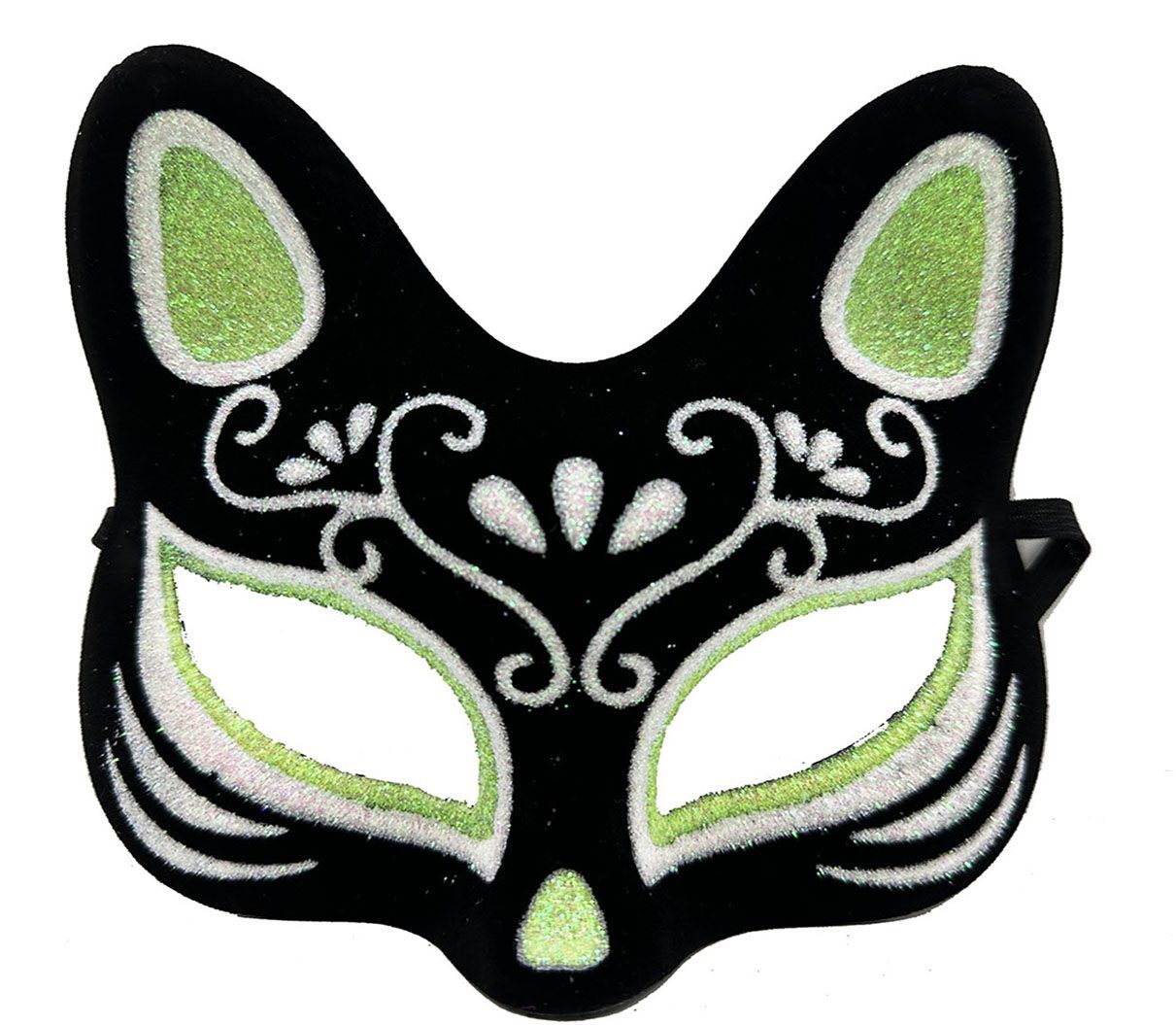 Siyah Renk Süet Kaplama Üzeri Gümüş Yeşil Simli Kedi Maskesi 17x14 cm (Lisinya)