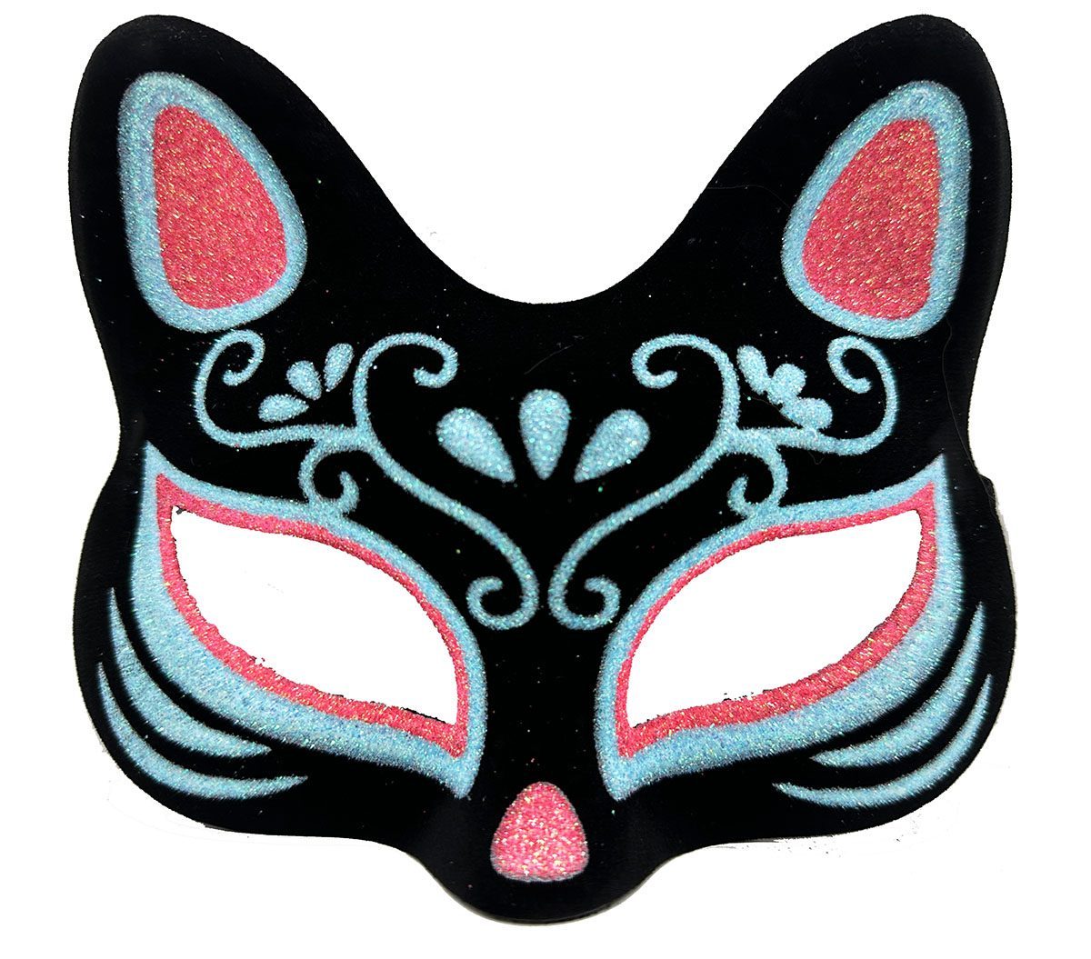 Siyah Renk Süet Kaplama Üzeri Mavi Kırmızı Simli Kedi Maskesi 17x14 cm (Lisinya)