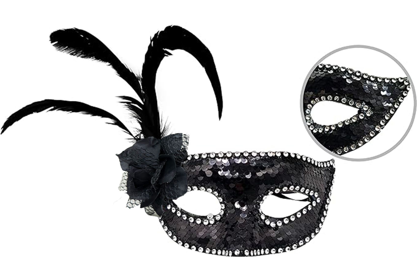 Siyah Renk Yandan Tüylü Güllü Gümüş Taşlı Pullu Maske 20x22 cm (Lisinya)