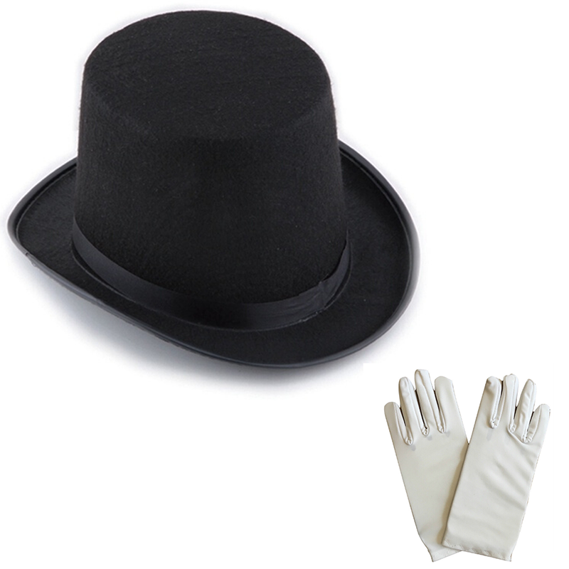 Siyah Sihirbaz Fötr Şapka 15 cm - 1 Çift Beyaz Sihirbaz Eldiveni - Yetişkin Boy (Lisinya)