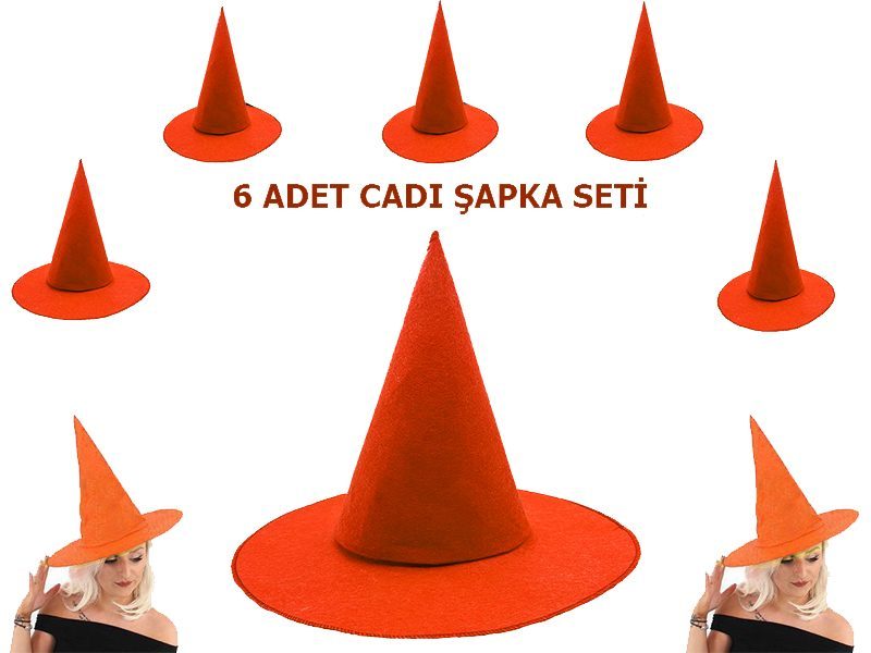 Turuncu Renk Keçe Cadı Şapkası Yetişkin Çocuk Uyumlu 6 Adet (Lisinya)