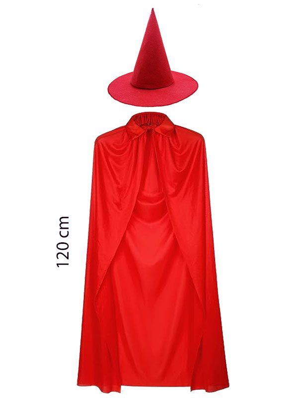 Yetişkin Boy 120 cm Kırmızı Yakalı Pelerin ve Kırmızı Cadı Şapkası (Lisinya)