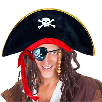 Yetişkin Boy Kadife Kaptan Jack Sparrow Korsan Şapkası ve Plastik Korsan Göz Maskesi (Lisinya)