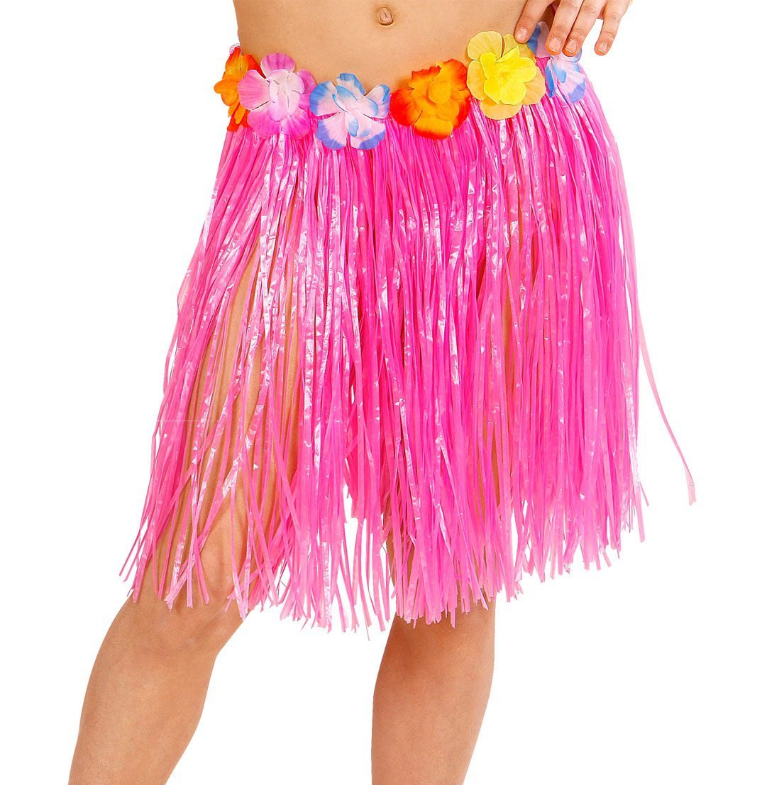 Yetişkin ve Çocuk Uyumlu Pembe Renk Püsküllü Hawaii Luau Hula Etek 40 cm (Lisinya)