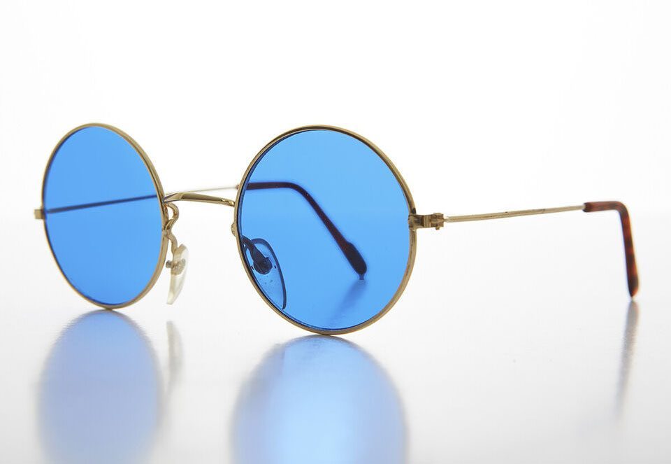 Yuvarlak Cam John Lennon Tarzı Gold Çerçeveli Mavi Gözlük (Lisinya)