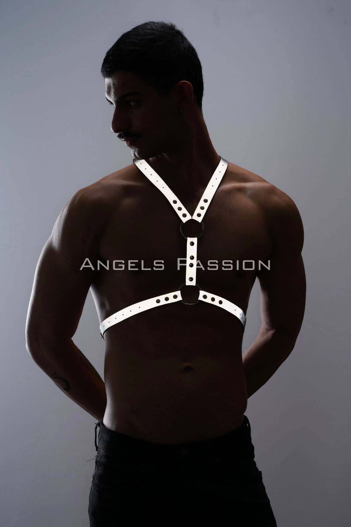 Lisinya41 Karanlıkta Parlayan (Reflektörlü) Erkek Göğüs Harness, Erkek Parti Giyim - Ürün Rengi:Beyaz Reflektör