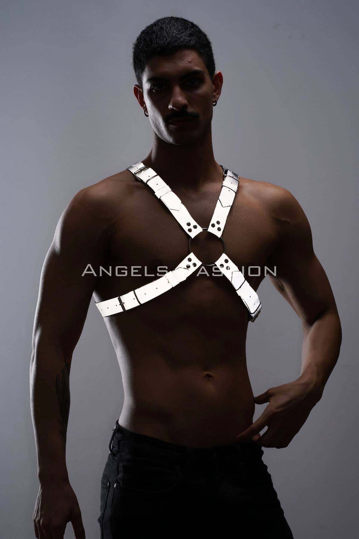 Lisinya41 Karanlıkta Parlayan (Reflektörlü) Erkek Göğüs Harness, Parti Aksesuar - Ürün Rengi:Beyaz Reflektör