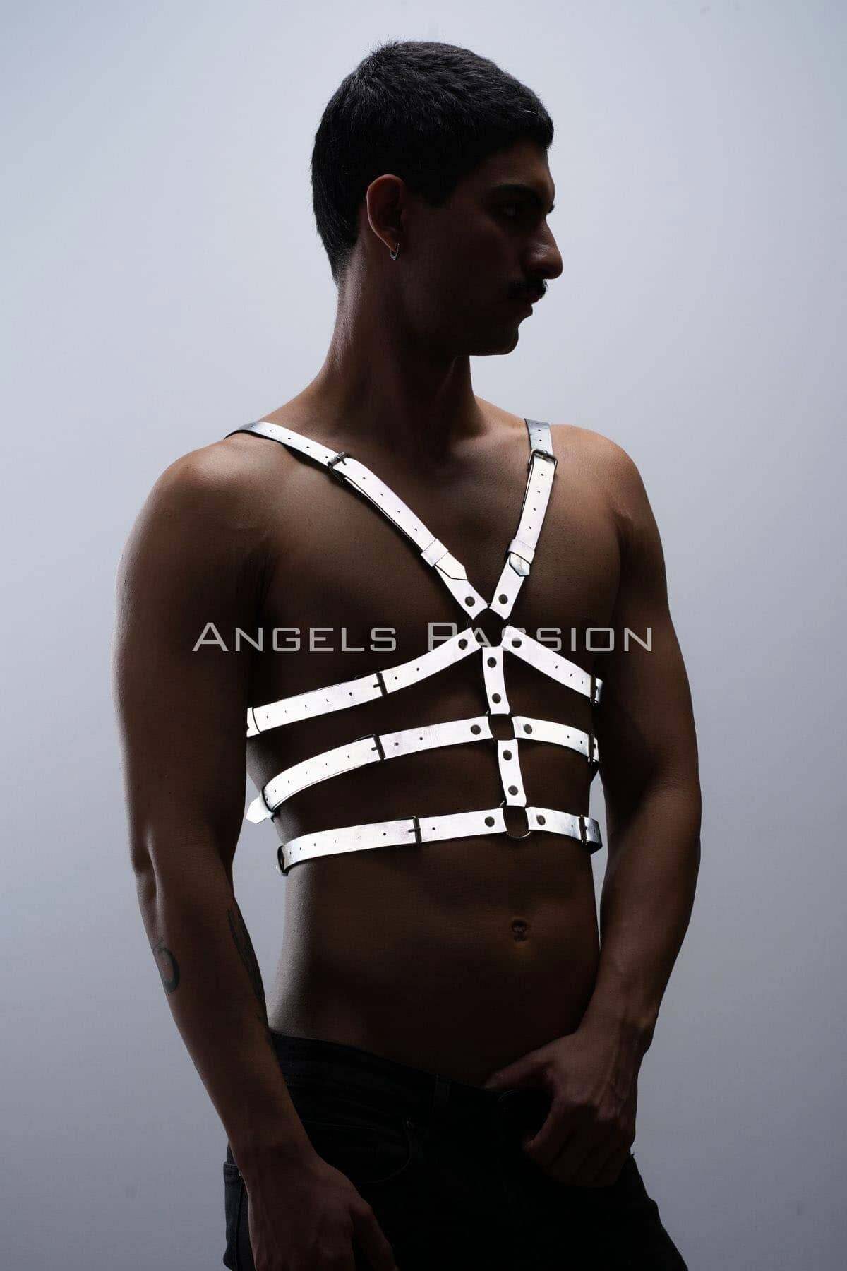 Lisinya41 Karanlıkta ParlayanReflektörlü Erkek Göğüs Harness, T-Shirt Üzeri Harness - Ürün Rengi:Beyaz Reflektör