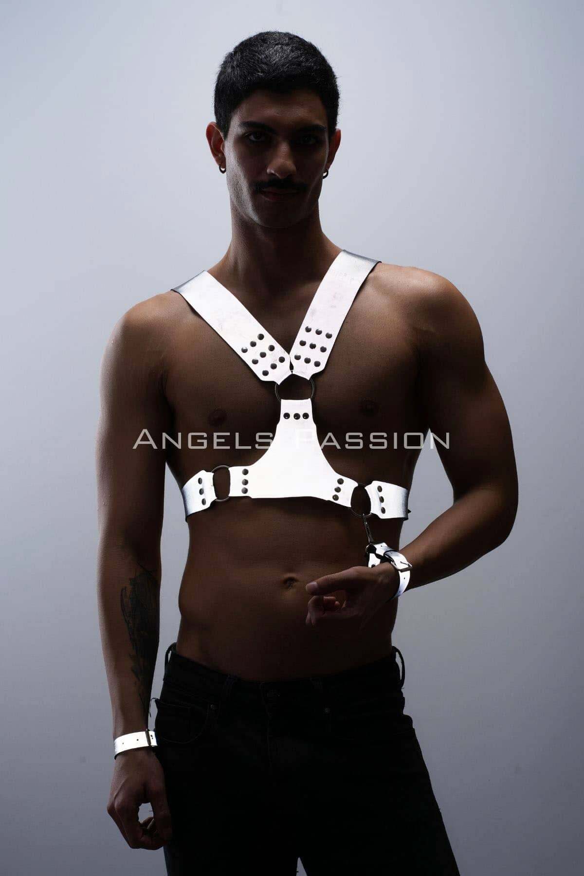 Lisinya41 Karanlıkta ParlayanReflektörlü Erkek Harness, Kelepçeli Göğüs Harness Takım - Ürün Rengi:Beyaz Reflektör