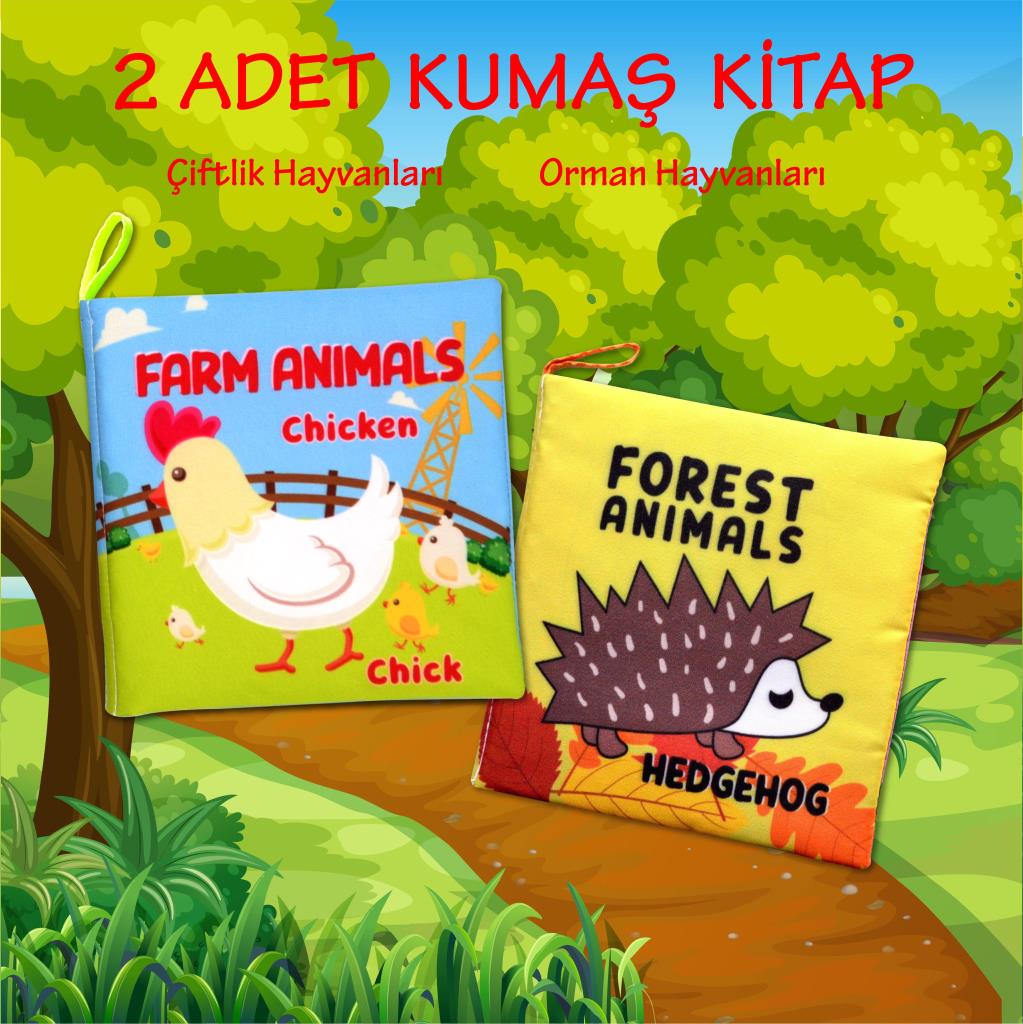 Lisinya247 2 Kitap  İngilizce Çiftlik Hayvanları ve Orman Hayvanları Kumaş Sessiz Kitap