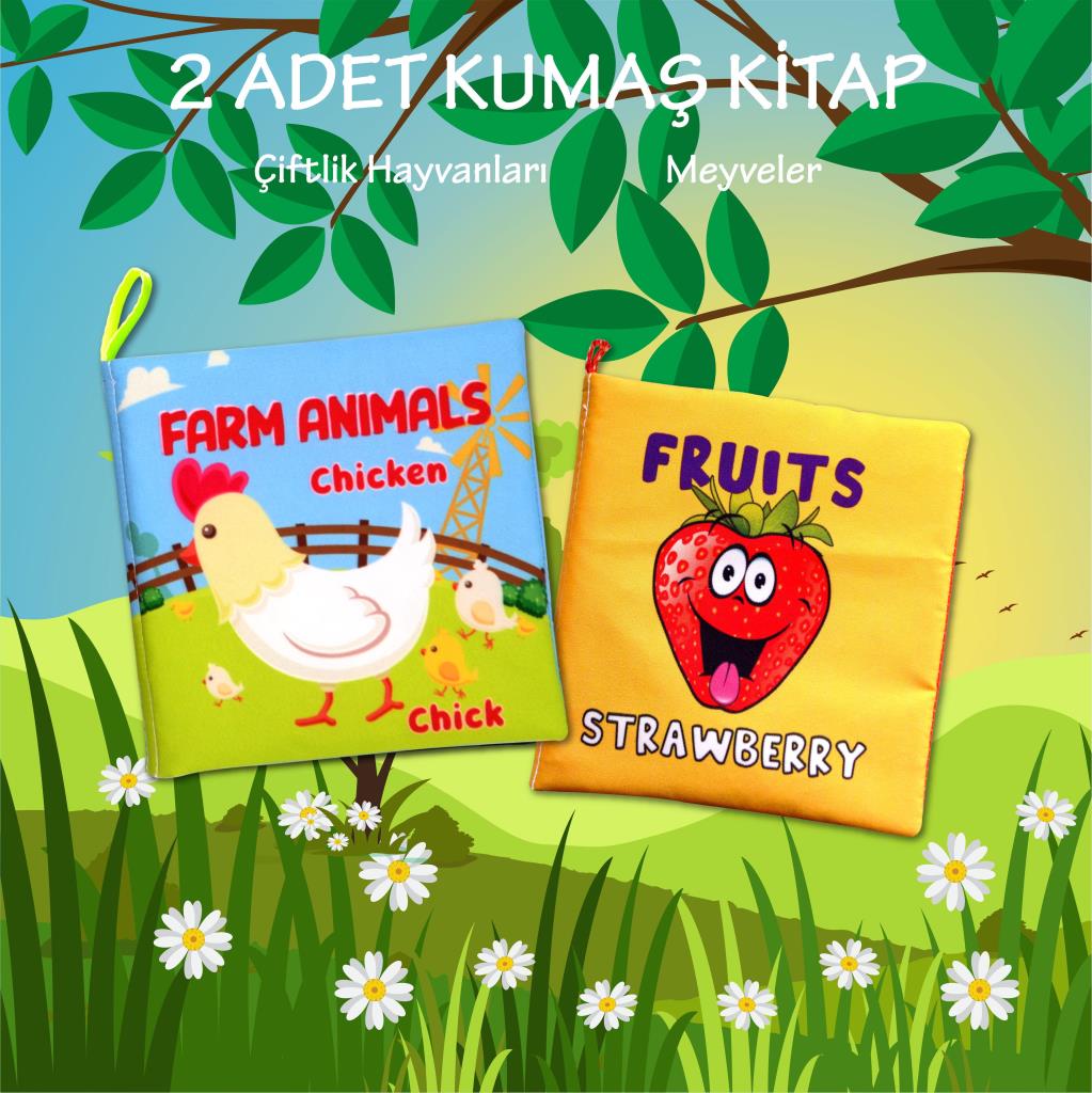 Lisinya247 2 Kitap  İngilizce Çiftlik Hayvanları ve Meyveler Kumaş Sessiz Kitap