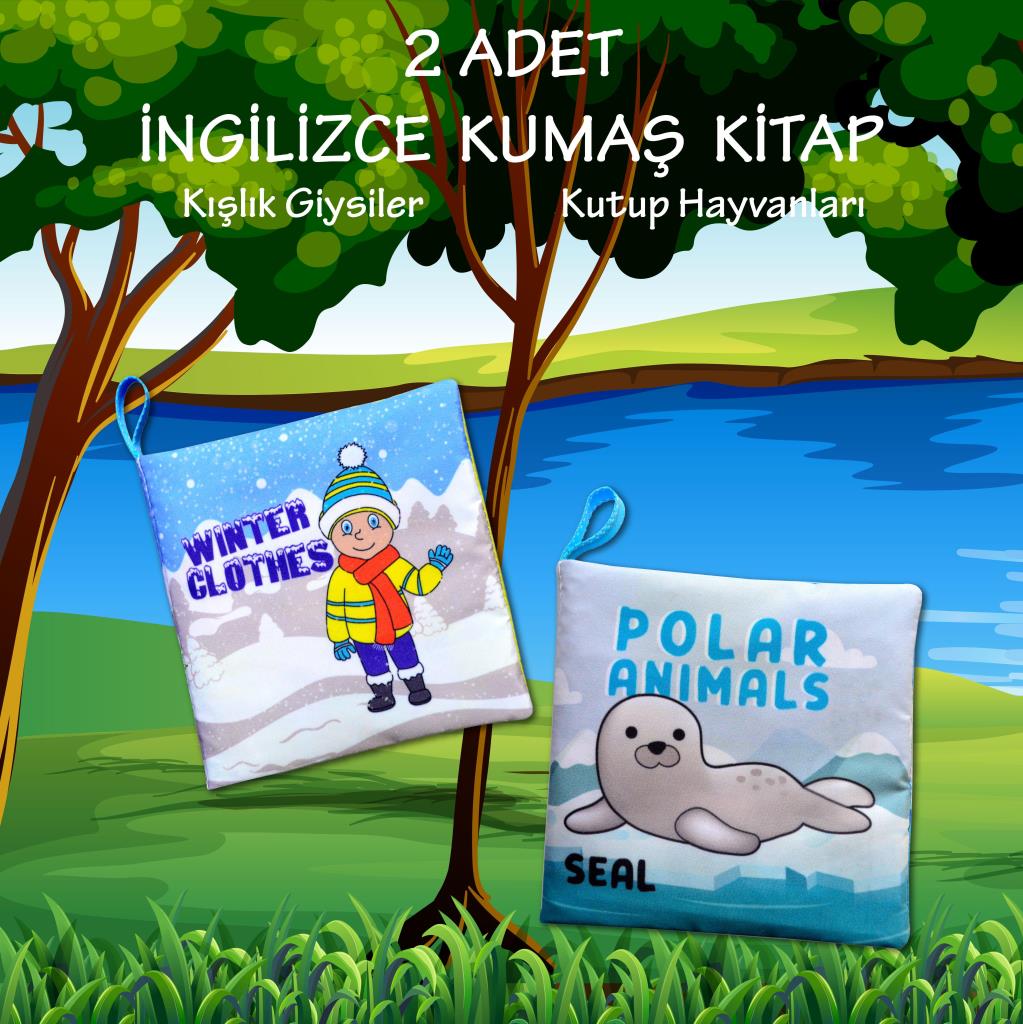 Lisinya247 2 Kitap  İngilizce Kışlık Giysiler ve Kutup Hayvanları Kumaş Sessiz Kitap