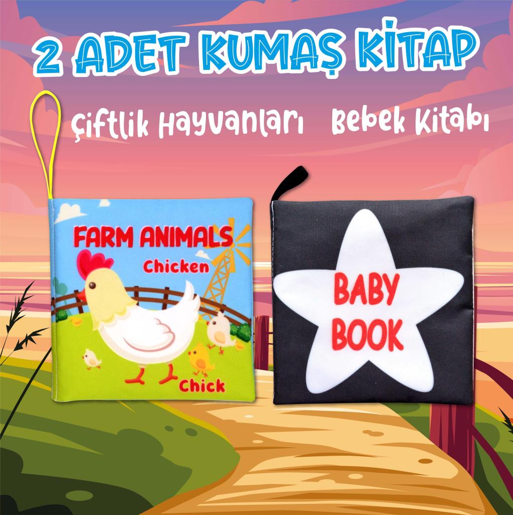 Lisinya247 2 Kitap  İngilizce Çiftlik Hayvanları ve Siyah-Beyaz Bebek Kumaş Sessiz Kitap
