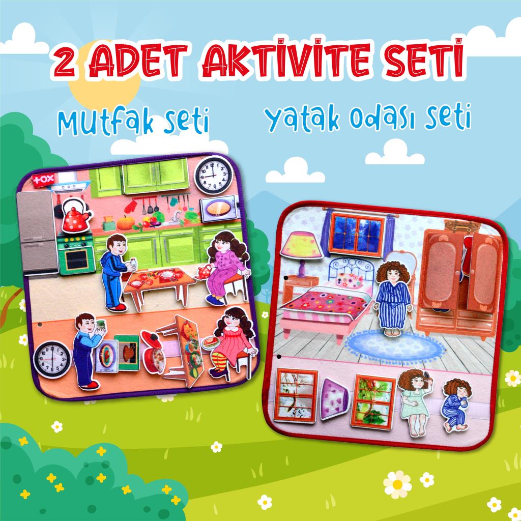 Lisinya247 2 Set - 32 Parça  Mutfak ve Yatak Odası Keçe Cırtlı Aktivite Sayfası - Çocuk Etkinlik , Eğitici Oyuncak