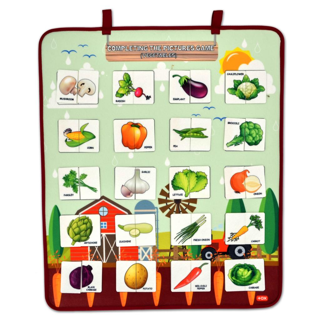 Lisinya247 İngilizce Parça-Bütün Sebzeler Eşleştirme Oyunu Keçe Cırtlı Duvar Panosu , Eğitici Oyuncak