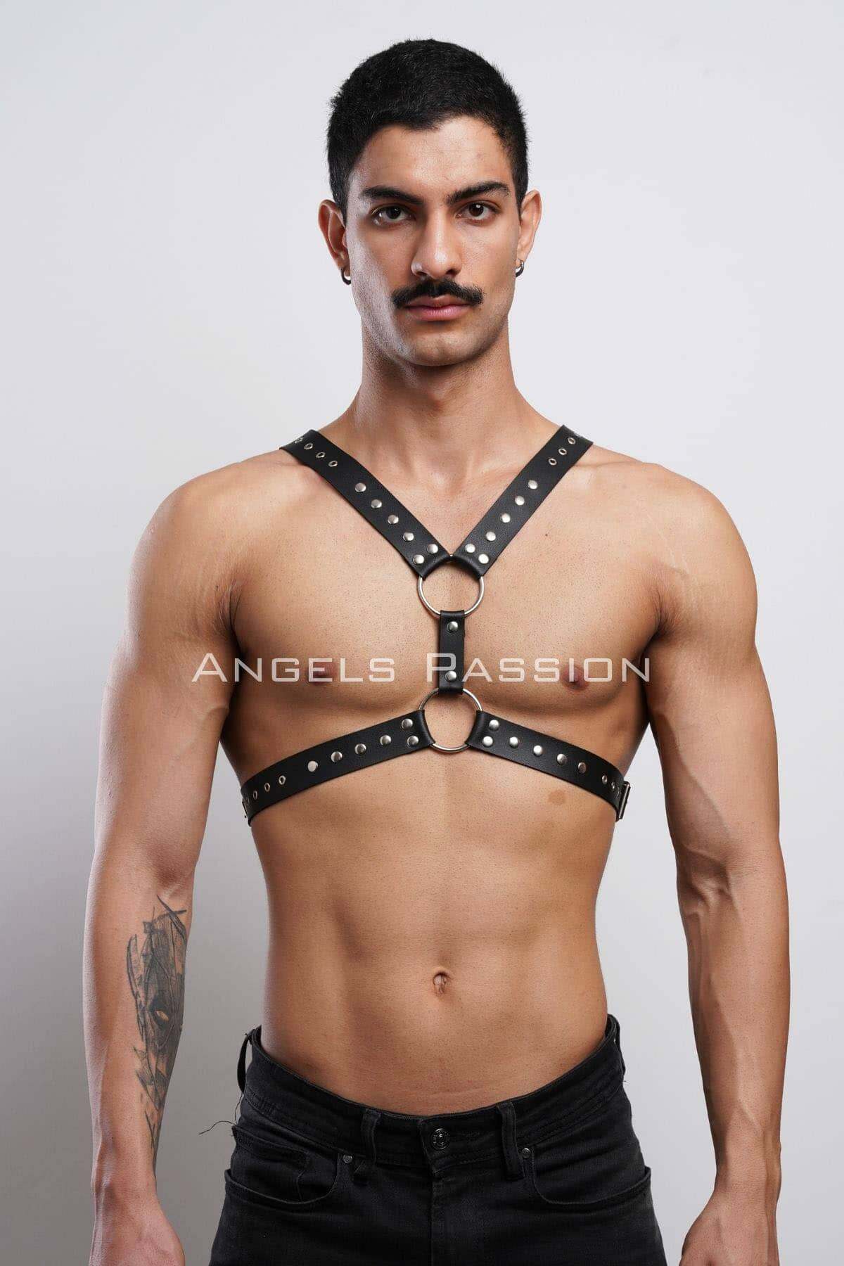 Lisinya41 Perçin Detaylı Erkek Göğüs Harness, Erkek Parti Giyim - Ürün Rengi:Siyah