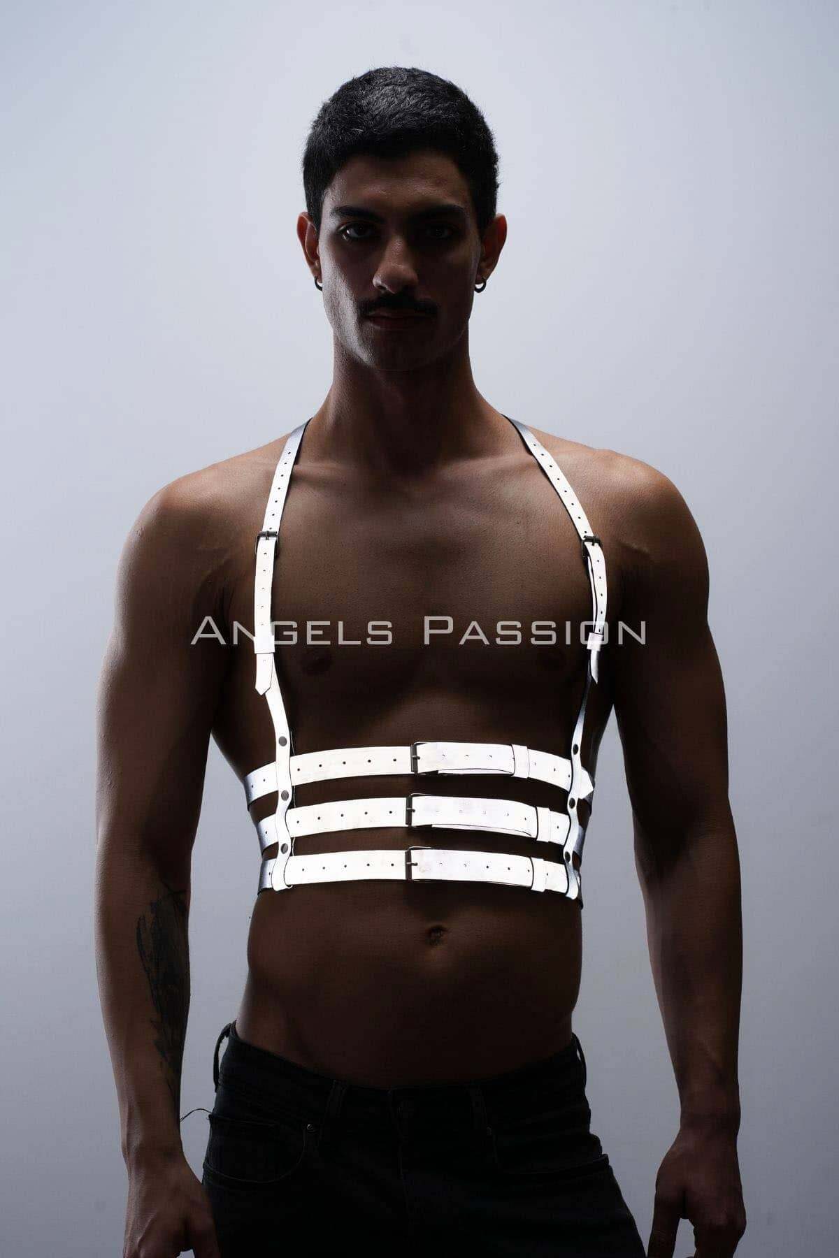 Lisinya41 Reflektörlü (Karanlıkta Parlayan) Erkek Göğüs Harness, Parti Aksesuar, Clubwear - Ürün Rengi:Beyaz Reflektör