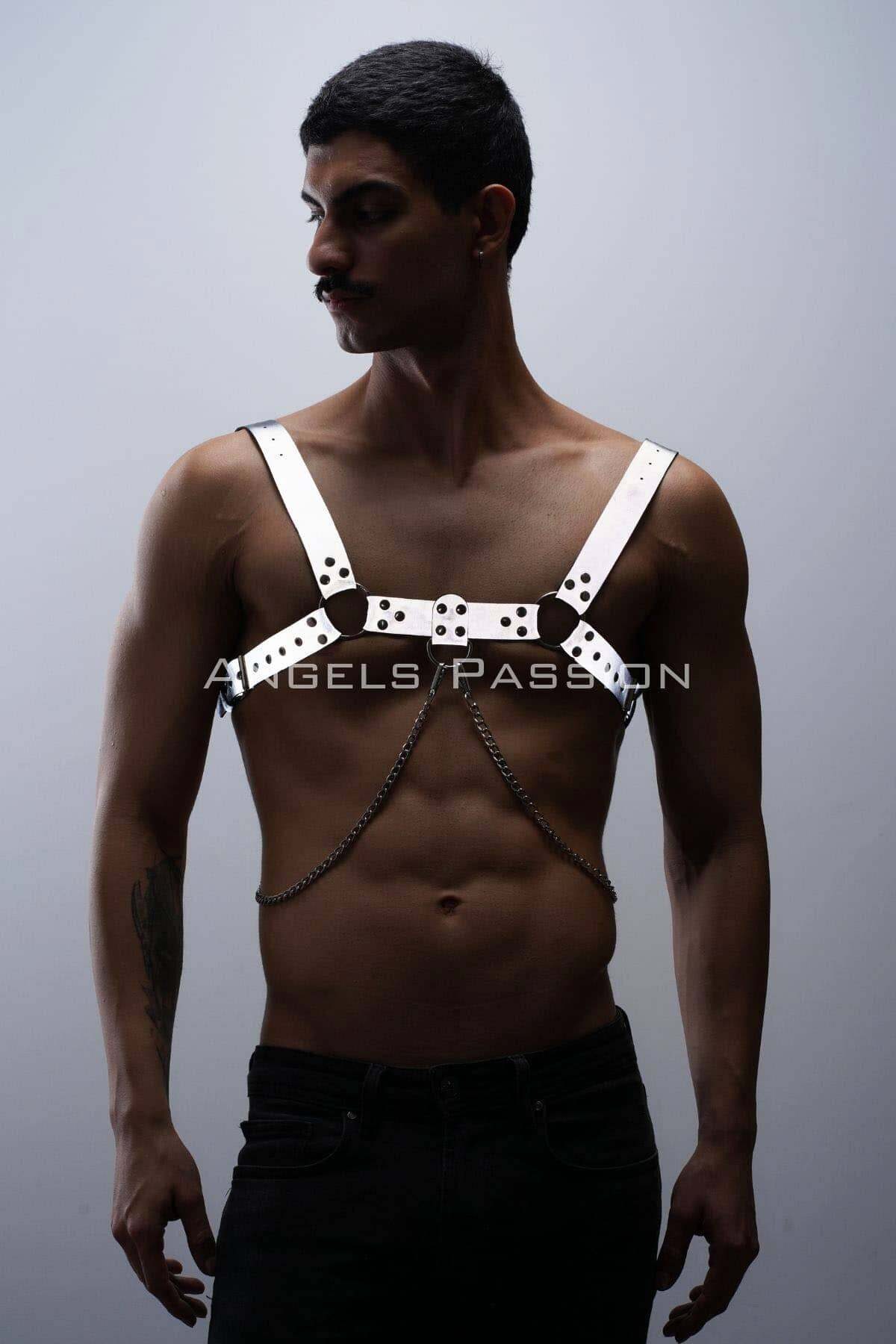 Lisinya41 Reflektörlü (Karanlıkta Parlayan) Zincir Detaylı Şık Erkek Göğüs Harness, Reflektörlü Clubwear - Ürün Rengi:Beyaz Reflektör