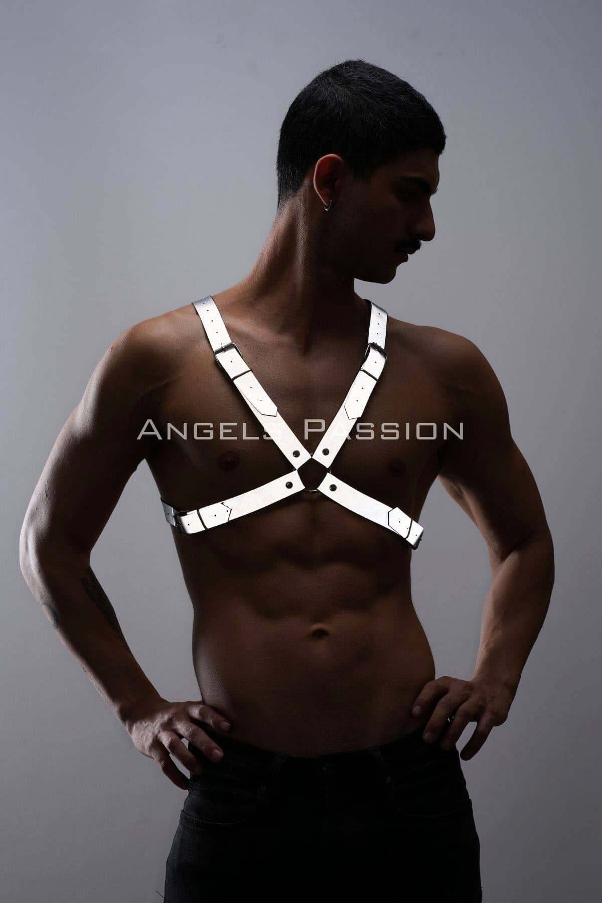 Lisinya41 Reflektörlü (Karanlıkta Yansıyan) Erkek Göğüs Harness, Erkek Parti Giyim - Ürün Rengi:Beyaz Reflektör