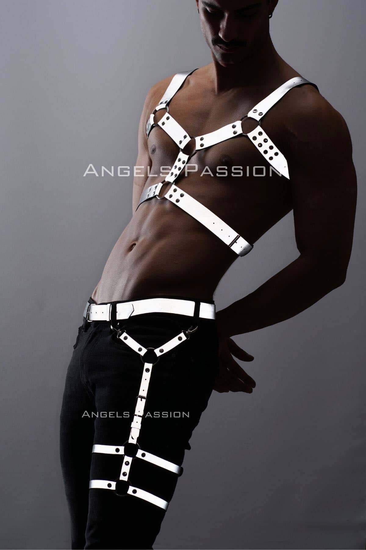 Lisinya41 ReflektörlüKaranlıkta Yansıyan Erkek Göğüs ve Bacak Harness Takım - Ürün Rengi:Beyaz Reflektör
