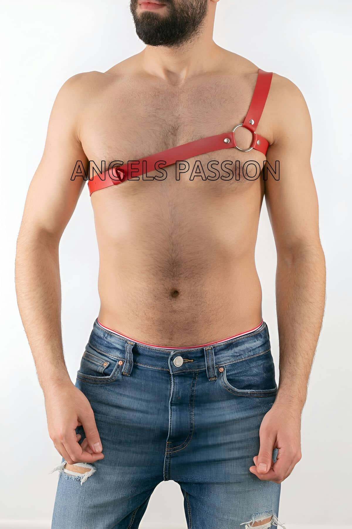 Lisinya41 Tek Omuz Seksi Deri Erkek Harness - Ürün Rengi:Kırmızı
