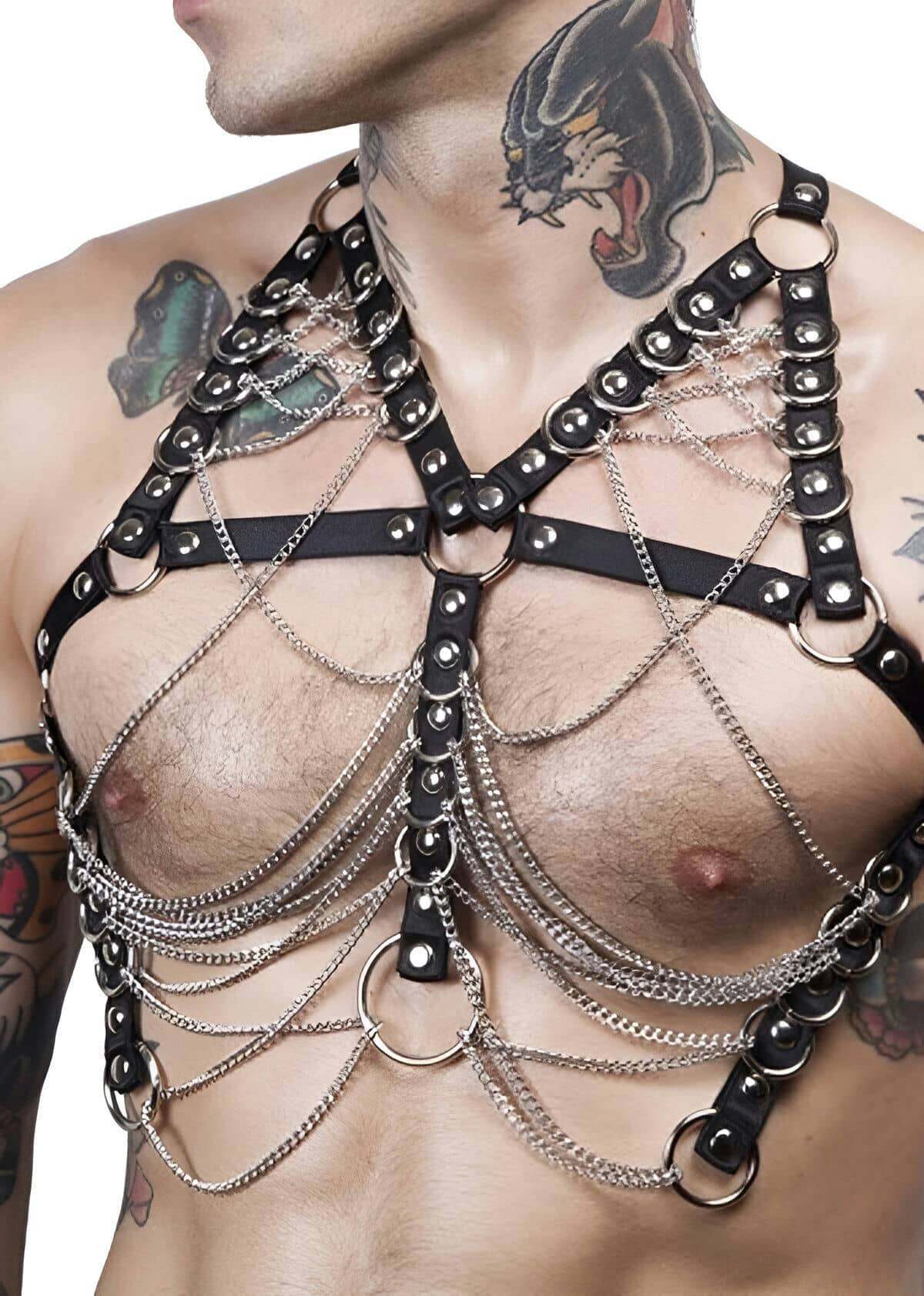 Lisinya41 Zincir ve  Lastik Detaylı Seksi Erkek Gay Fantazi Giyim - Ürün Rengi:Siyah