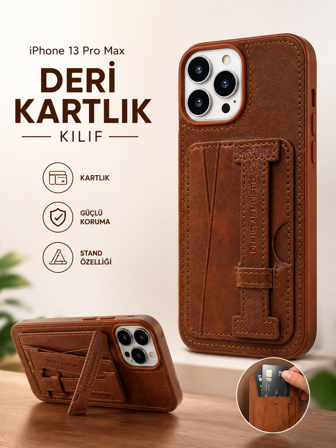 iPhone 13 Pro Max Uyumlu Deri Kartlıklı Standlı Kılıf Kahverengi iPhone 13 Pro Max Uyumlu Deri Kartlıklı Standlı Kılıf Kahverengi