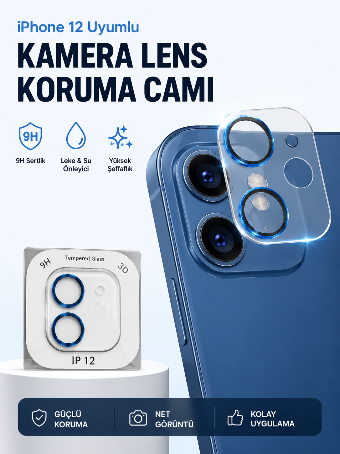 iPhone 12 Kamera Lens Koruyucu 9H Temperli Cam Mavi iPhone 12 Kamera Lens Koruyucu 9H Temperli Cam Mavi
